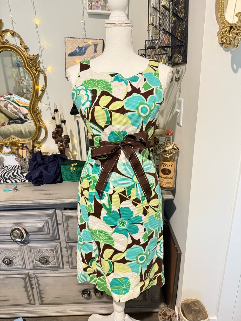 Sandra Darren Teal, Brown and Lime Floral Midi Dress with Bow